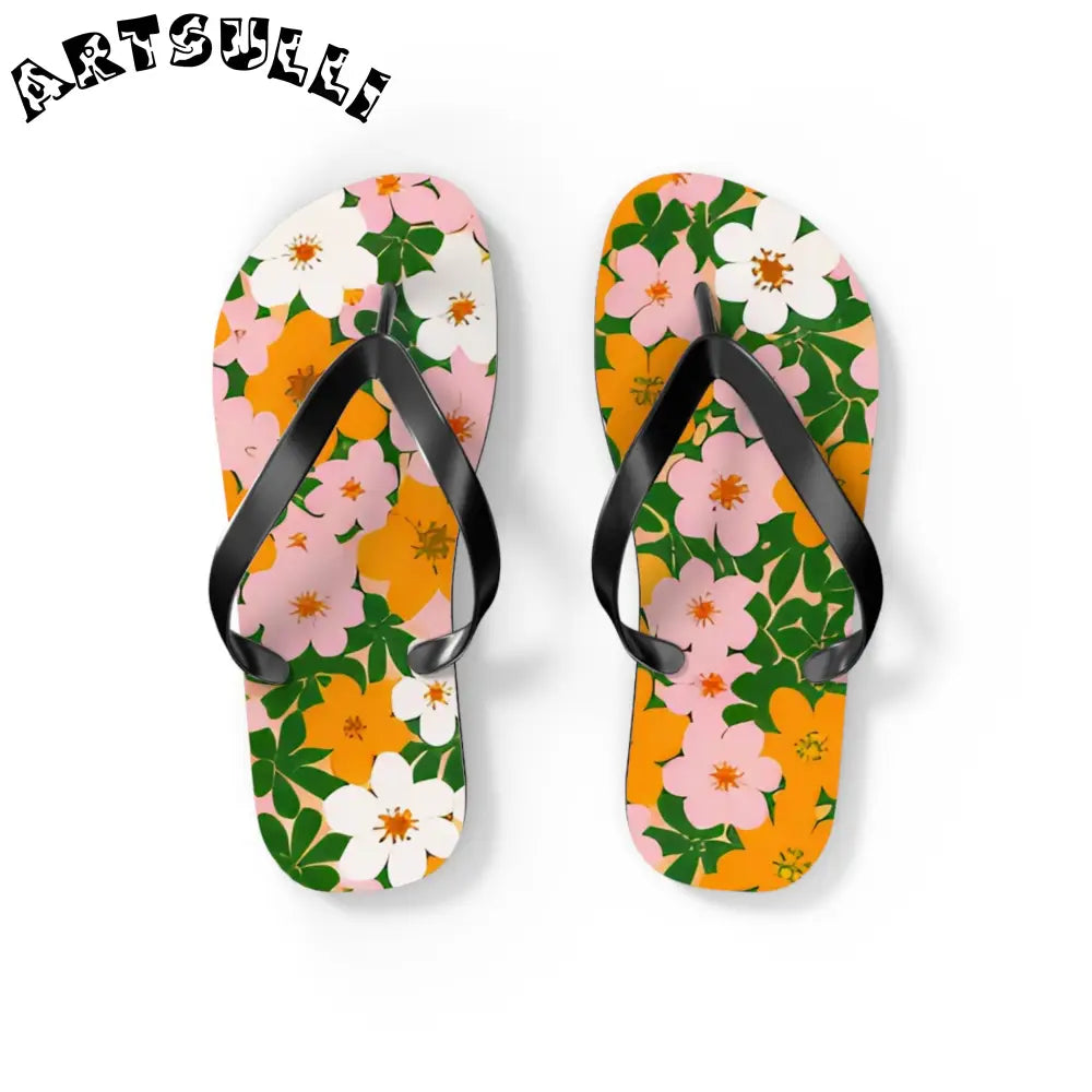 Tropical Floral Print Flip Flops, Artsulli - Art is Long, Life is Short, Shoes, Size, S, Color, Black sole, , , 10322228113700817556