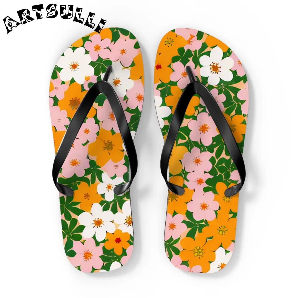 Tropical Floral Print Flip Flops, Artsulli - Art is Long, Life is Short, Shoes, Size, XL, Color, Black sole, , , 25227681460144546161