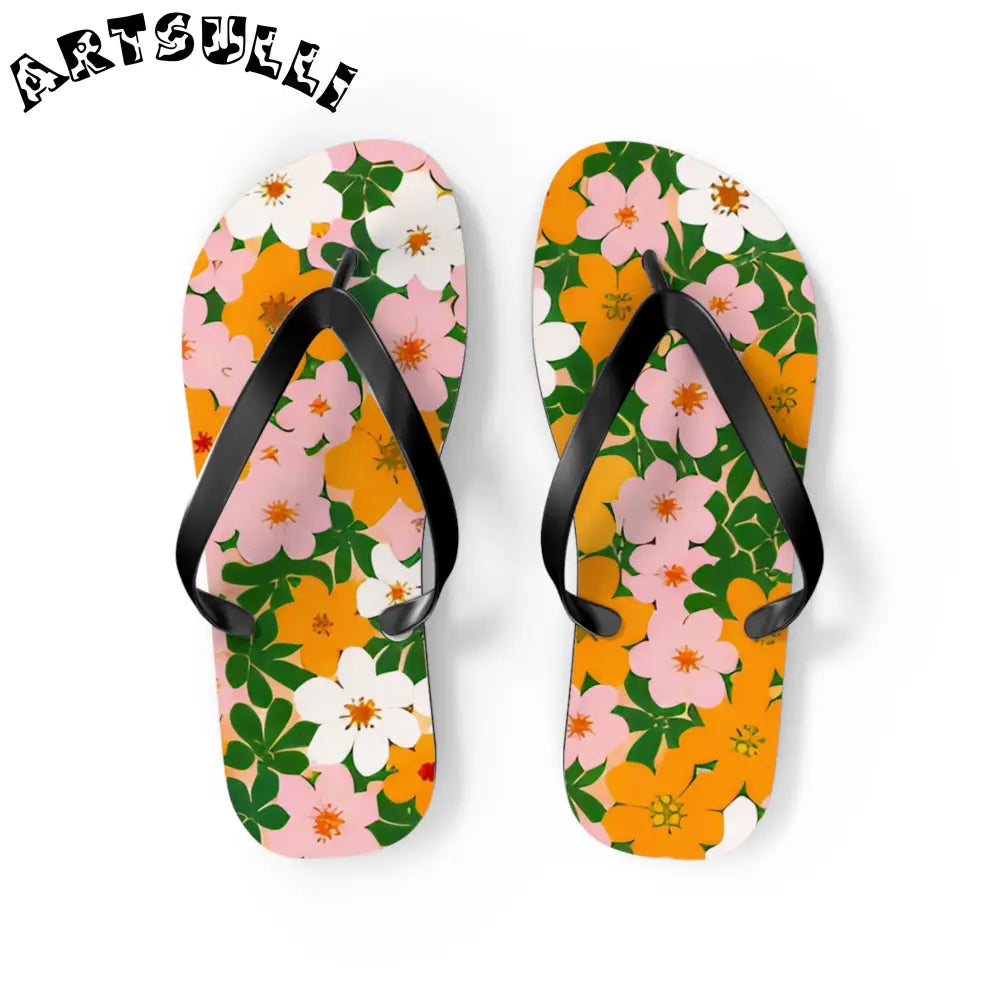 Tropical Floral Print Flip Flops, Artsulli - Art is Long, Life is Short, Shoes, Size, M, Color, Black sole, , , 14077934487015803108