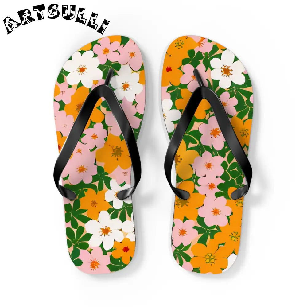 Tropical Floral Print Flip Flops, Artsulli - Art is Long, Life is Short, Shoes, Size, L, Color, Black sole, , , 80186157902096889496