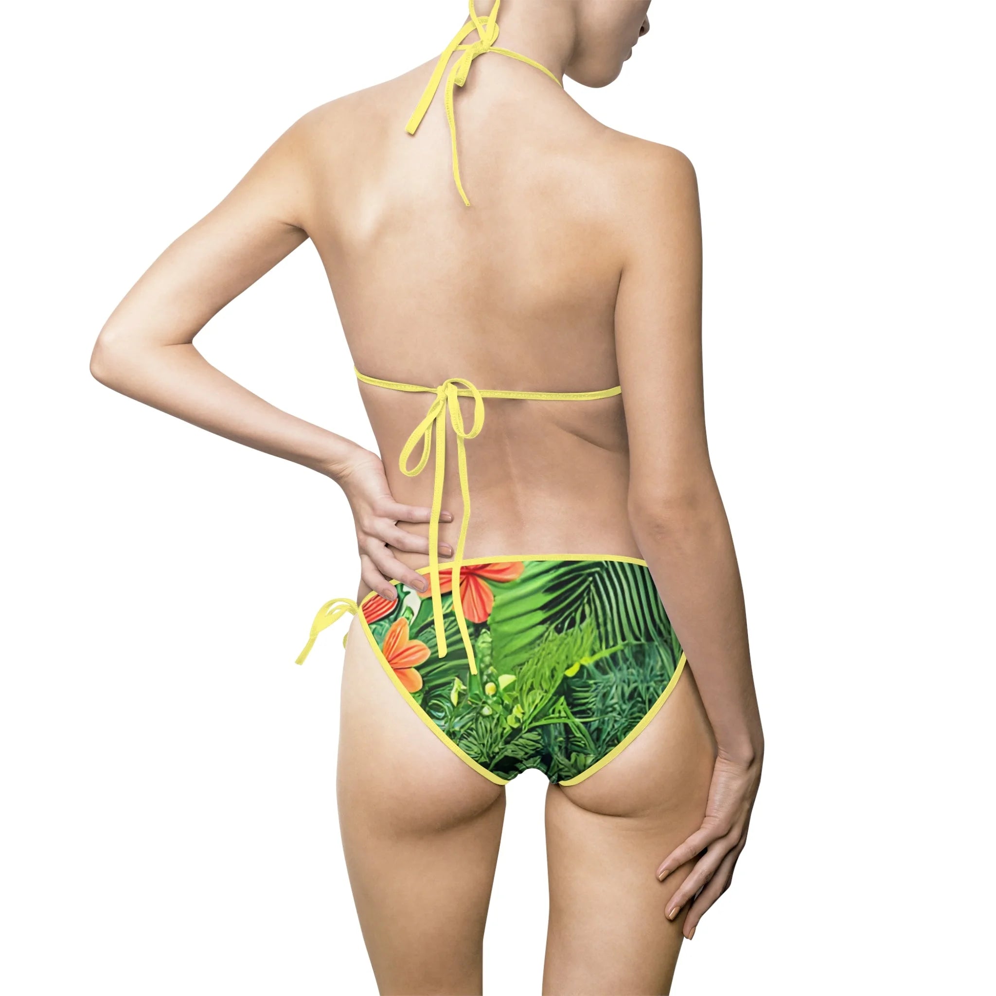 Tropical Leaf Orange Flower Bikini Swimsuit with White String Ties, Artsulli - Art is Long, Life is Short, All Over Prints, , , , , , , 