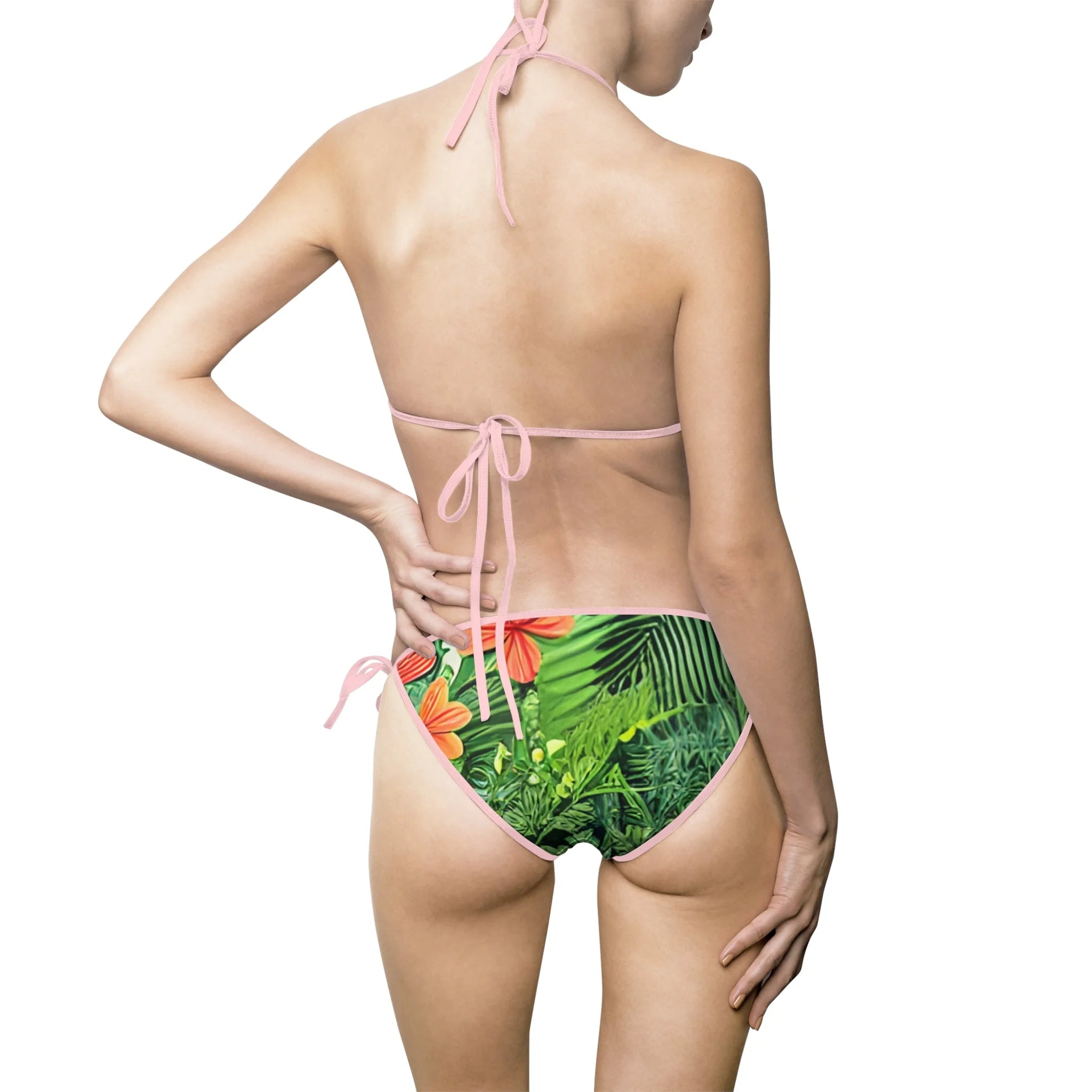 Tropical Leaf Orange Flower Bikini Swimsuit with White String Ties, Artsulli - Art is Long, Life is Short, All Over Prints, , , , , , , 