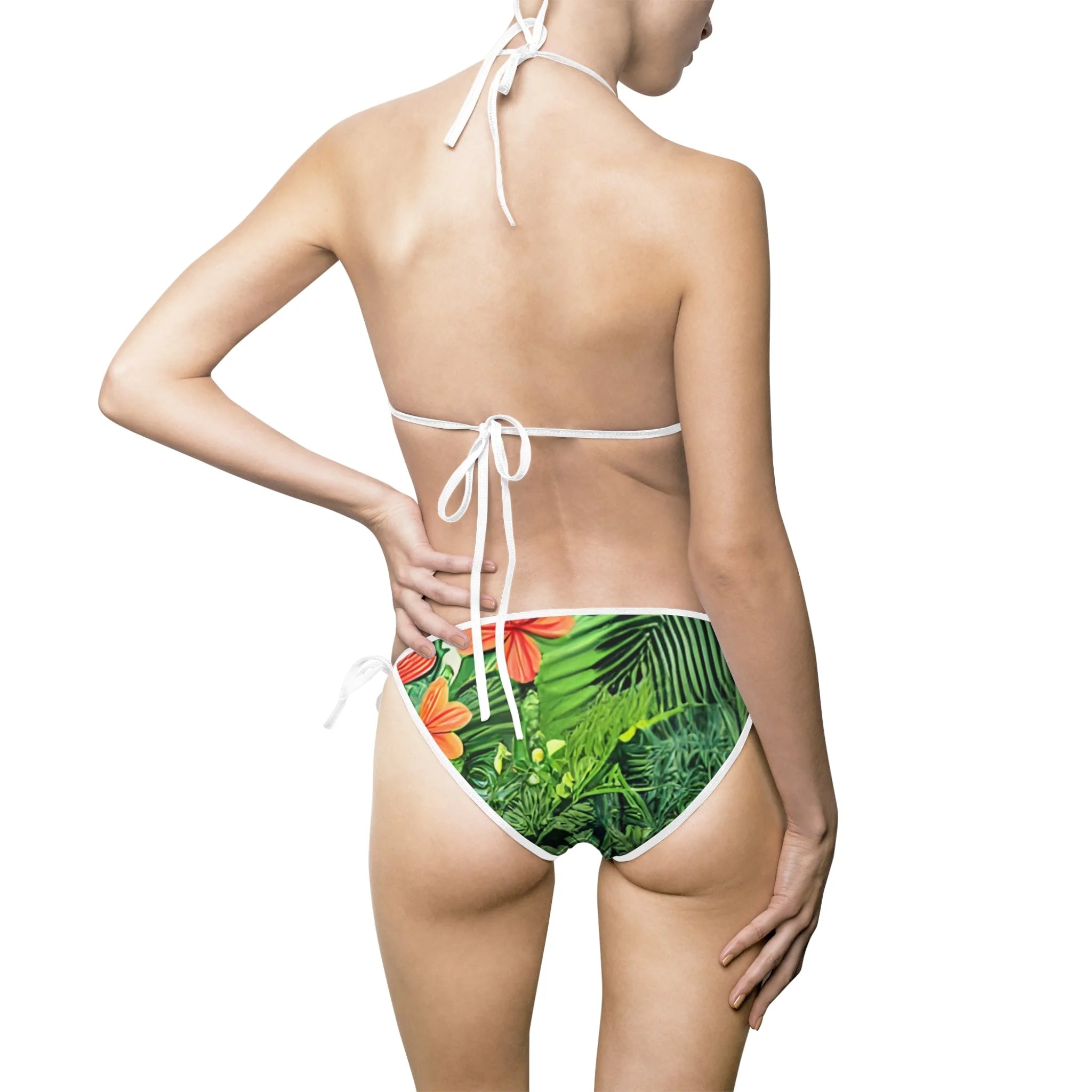 Tropical Leaf Orange Flower Bikini Swimsuit with White String Ties, Artsulli - Art is Long, Life is Short, All Over Prints, , , , , , , 