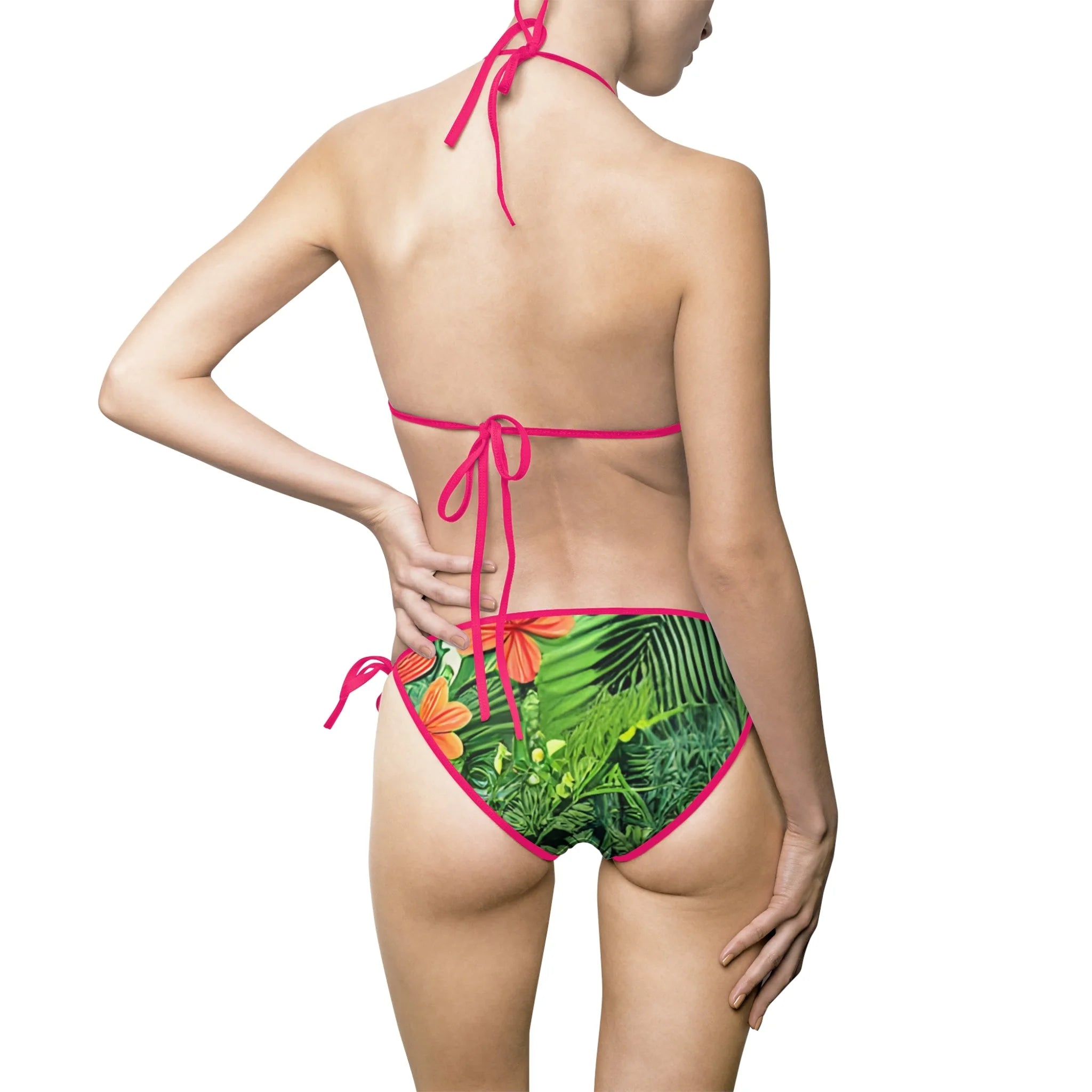Tropical Leaf Orange Flower Bikini Swimsuit with White String Ties, Artsulli - Art is Long, Life is Short, All Over Prints, , , , , , , 