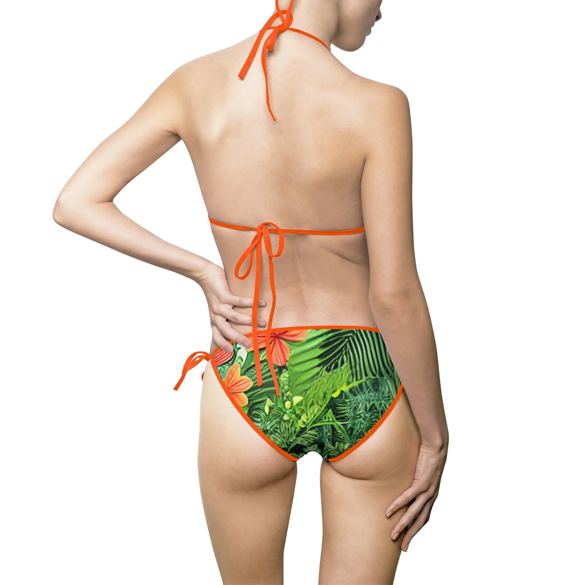 Tropical Leaf Orange Flower Bikini Swimsuit with White String Ties, Artsulli - Art is Long, Life is Short, All Over Prints, , , , , , , 
