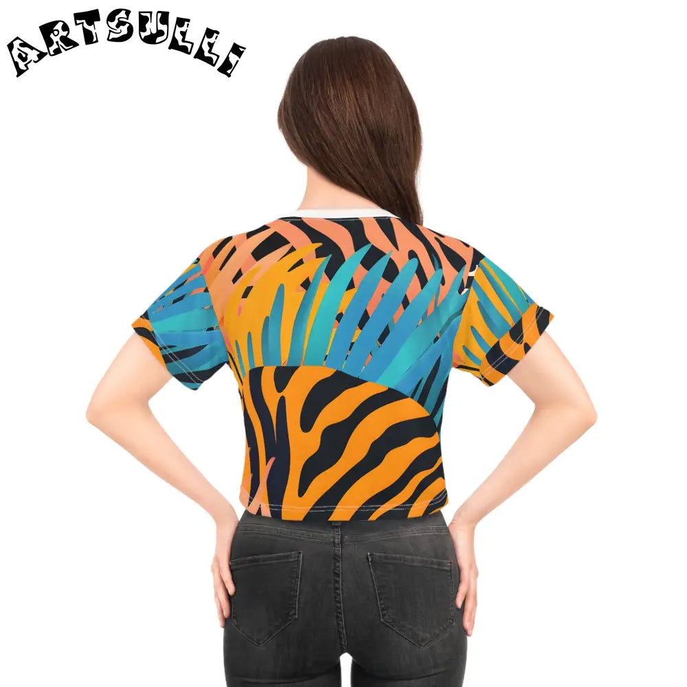 Tropical Leaves and Tiger Stripes Orange Crop Tee, Artsulli - Art is Long, Life is Short, All Over Prints, , , , , , , 