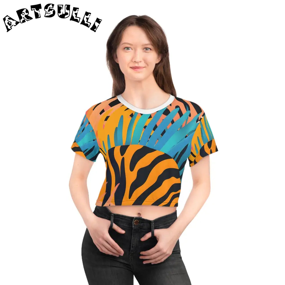 Tropical Leaves and Tiger Stripes Orange Crop Tee, Artsulli - Art is Long, Life is Short, All Over Prints, , , , , , , 