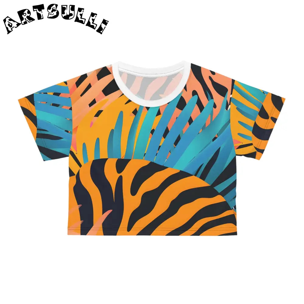 Tropical Leaves and Tiger Stripes Orange Crop Tee, Artsulli - Art is Long, Life is Short, All Over Prints, Color, Black stitching, Size, XS, , , 87613633300900