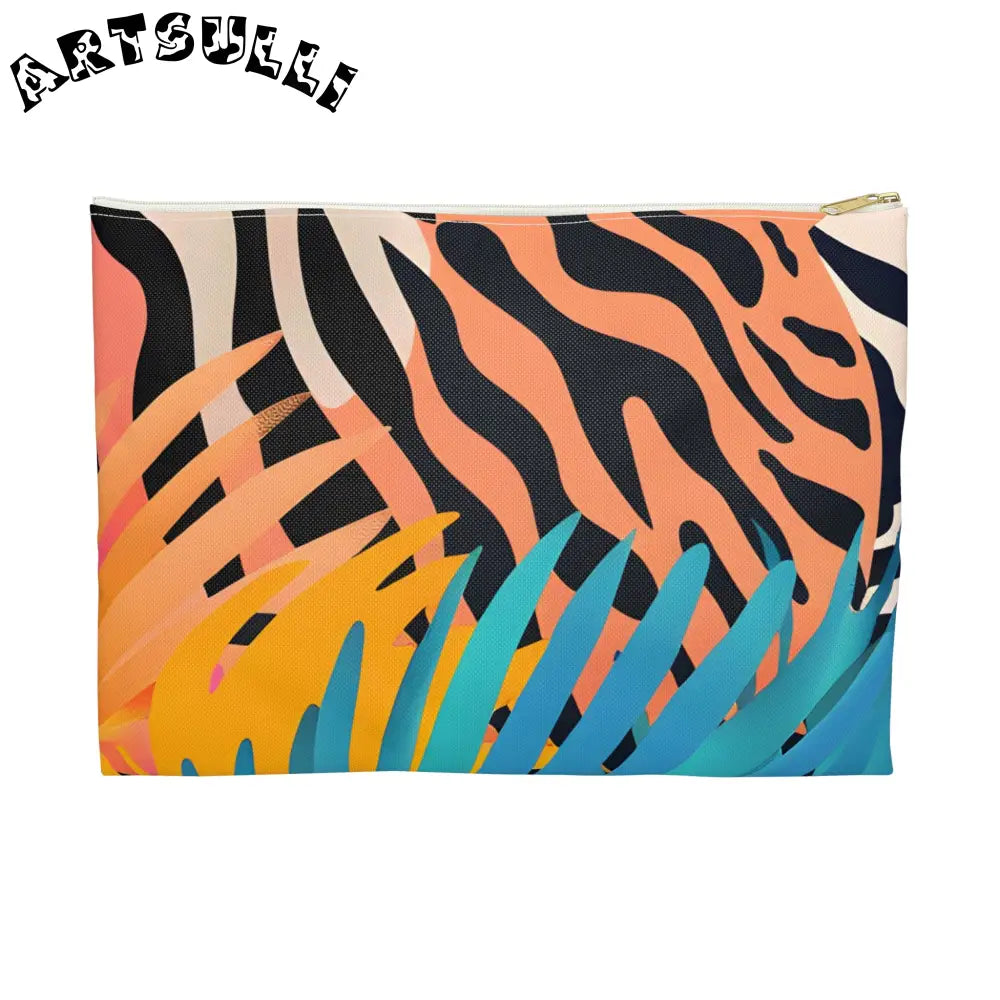 Tropical Leaves x Zebra Flat Pouch, Artsulli - Art is Long, Life is Short, Bags, Size, Large, Color, White zipper, , , 87255932370894