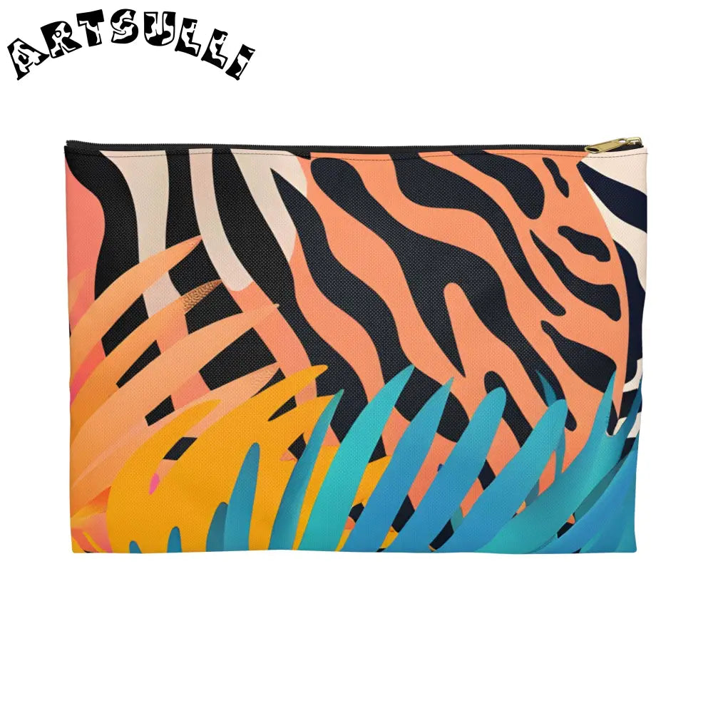 Tropical Leaves x Zebra Flat Pouch, Artsulli - Art is Long, Life is Short, Bags, Size, Large, Color, Black zipper, , , 87264582862671