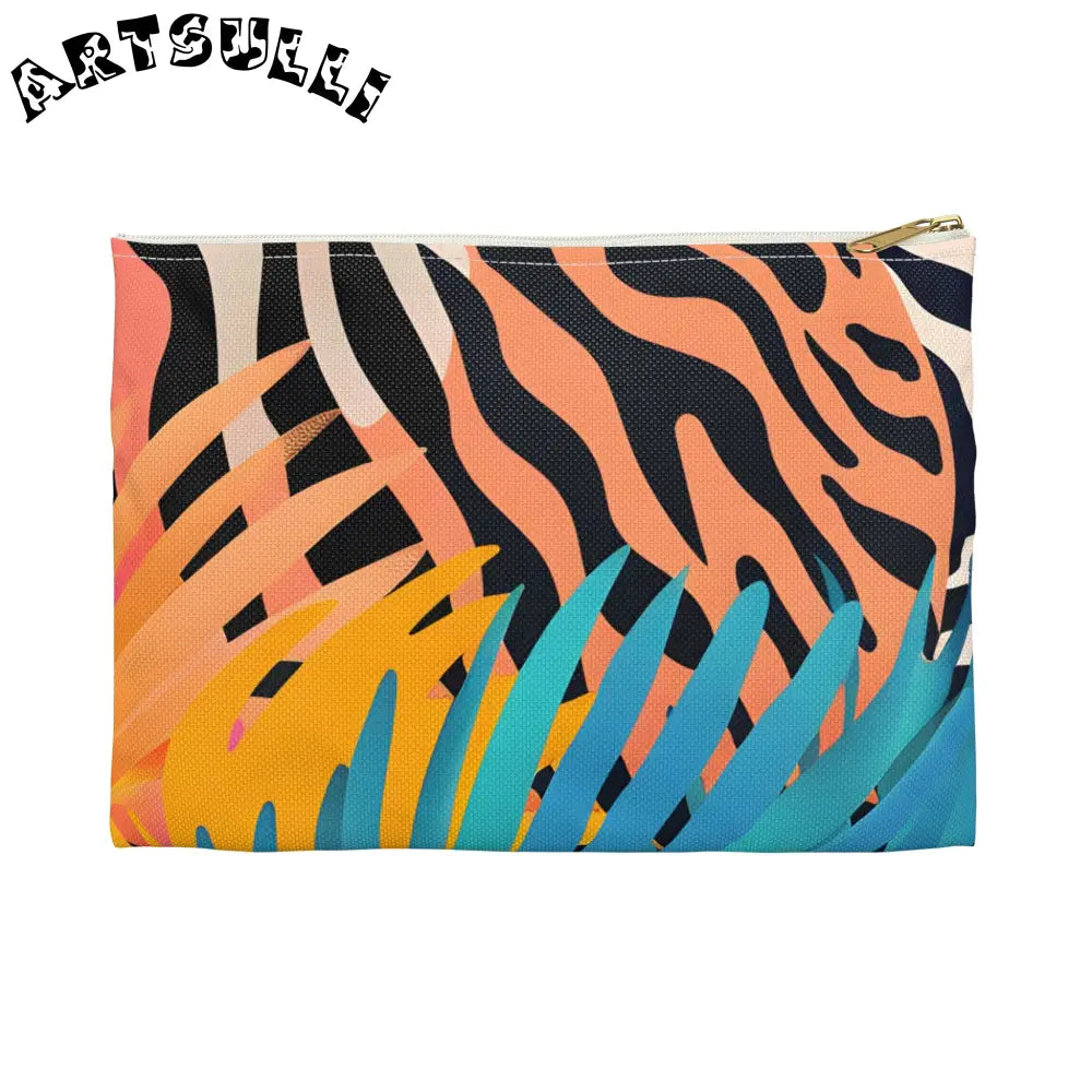 Tropical Leaves x Zebra Flat Pouch, Artsulli - Art is Long, Life is Short, Bags, Size, Small, Color, White zipper, , , 87272005349182