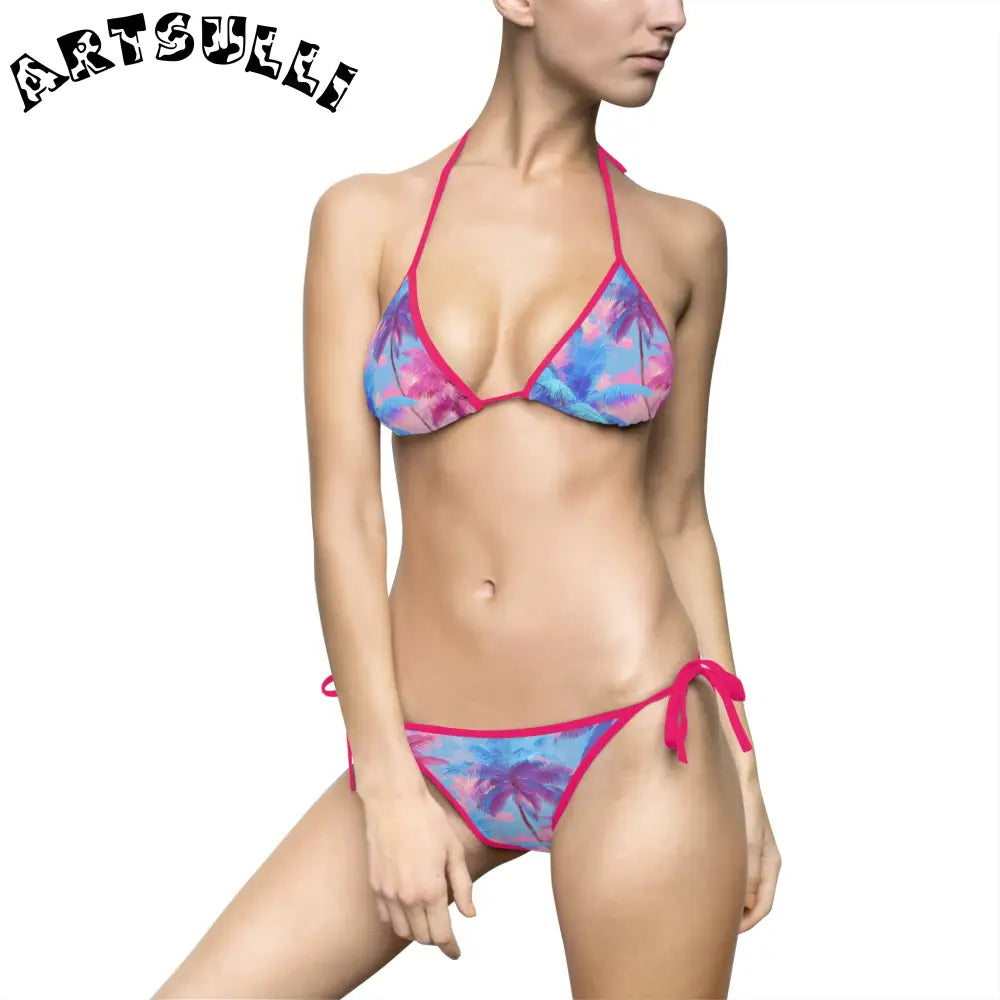 Tropical Palm Illustrated Bikini Swimsuit, Artsulli - Art is Long, Life is Short, All Over Prints, Size, S, Color, Pink, , , 20472333597218381004