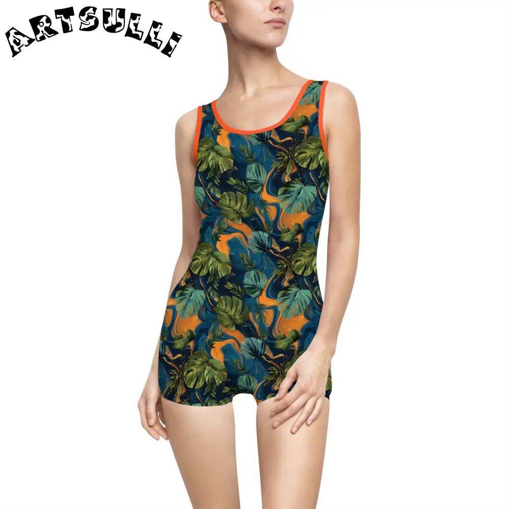Tropical Print Boyshort One-Piece Swimsuit, Artsulli - Art is Long, Life is Short, All Over Prints, Color, Orange, Size, XS, , , 32645675047988631312