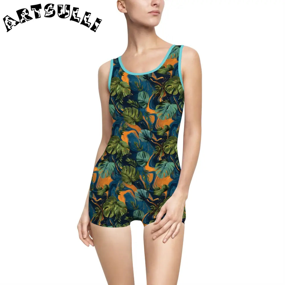 Tropical Print Boyshort One-Piece Swimsuit, Artsulli - Art is Long, Life is Short, All Over Prints, Color, Ocean, Size, XS, , , 11779597108449701836