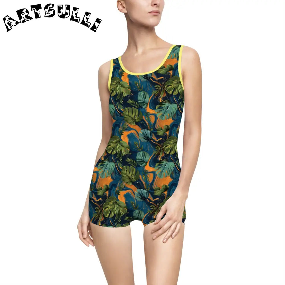 Tropical Print Boyshort One-Piece Swimsuit, Artsulli - Art is Long, Life is Short, All Over Prints, Color, Yellow, Size, XS, , , 27064484672150680300