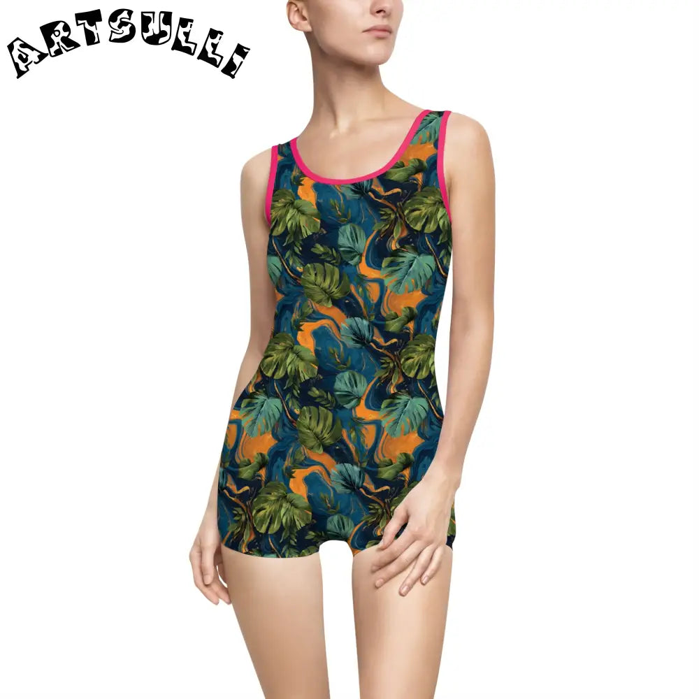 Tropical Print Boyshort One-Piece Swimsuit, Artsulli - Art is Long, Life is Short, All Over Prints, Color, Pink, Size, XS, , , 10768566428394254209