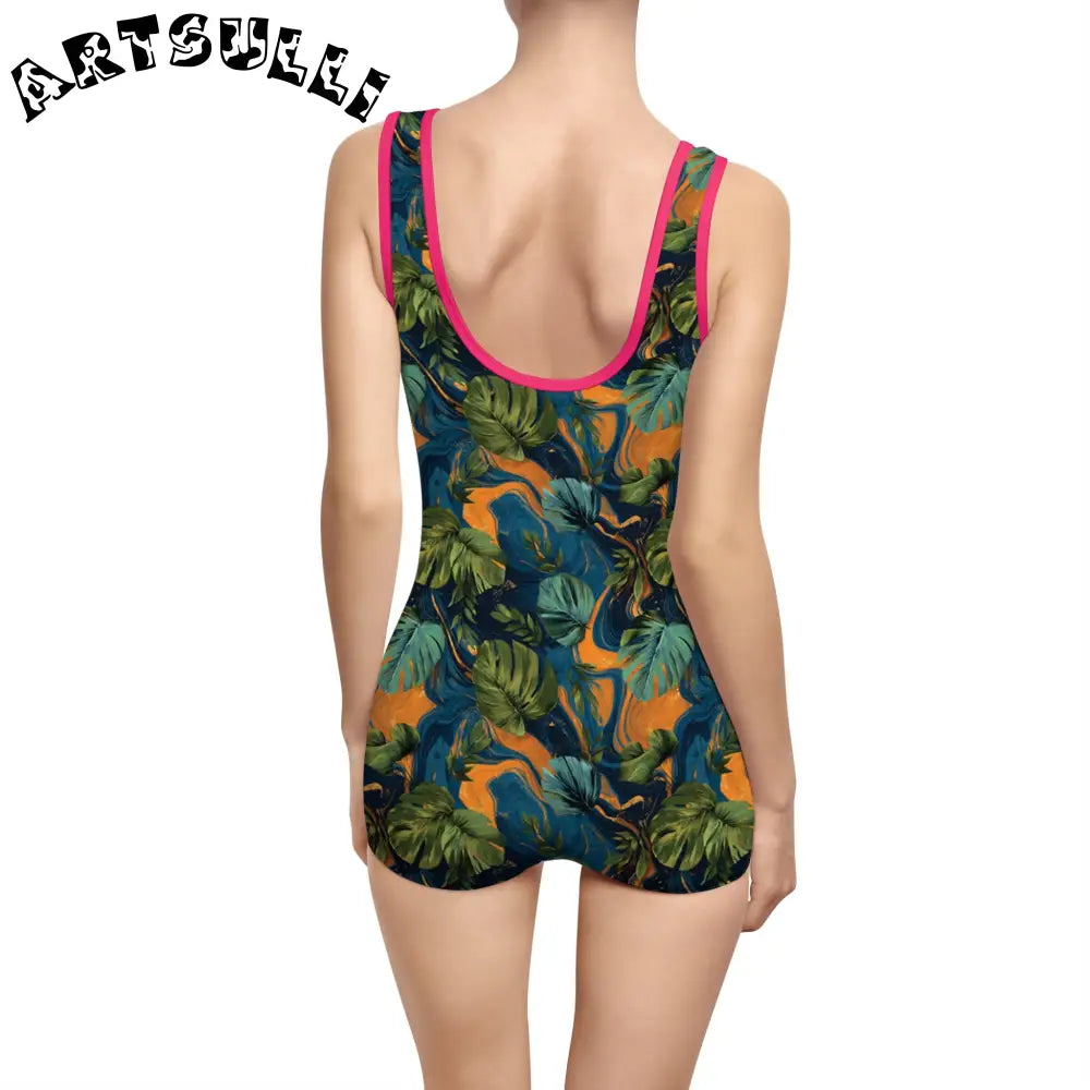Tropical Print Boyshort One-Piece Swimsuit, Artsulli - Art is Long, Life is Short, All Over Prints, , , , , , , 