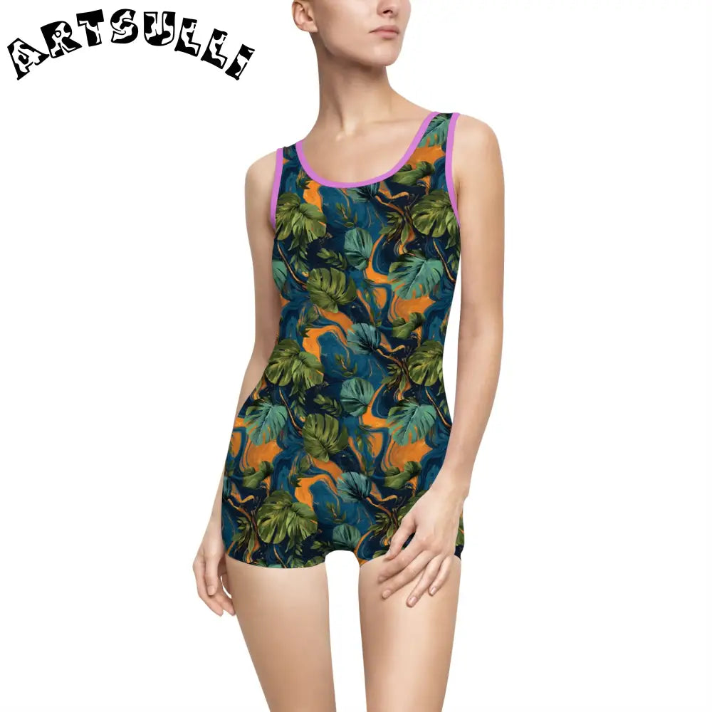 Tropical Print Boyshort One-Piece Swimsuit, Artsulli - Art is Long, Life is Short, All Over Prints, Color, Purple, Size, XS, , , 19053944613199141726