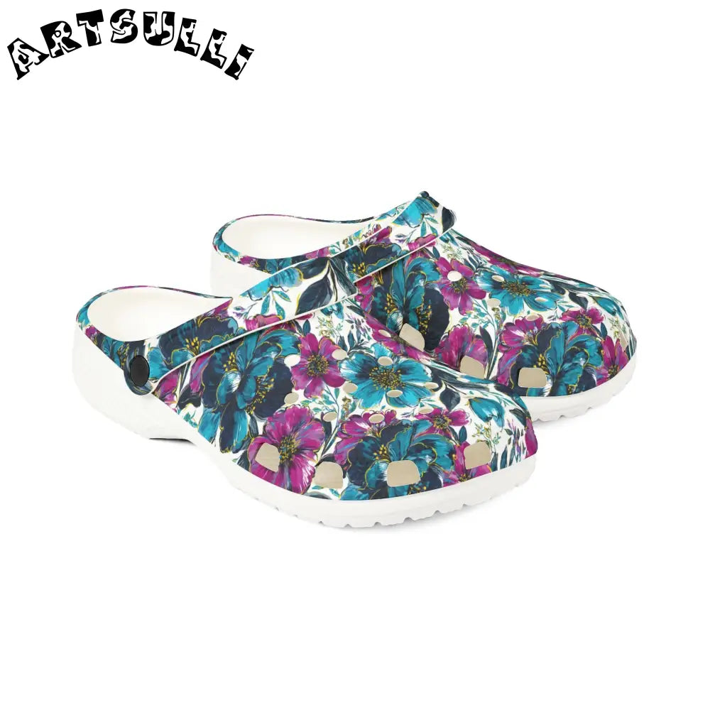 Turquoise Magenta Floral Eva Foam Clogs, Artsulli - Art is Long, Life is Short, Shoes, , , , , , , 