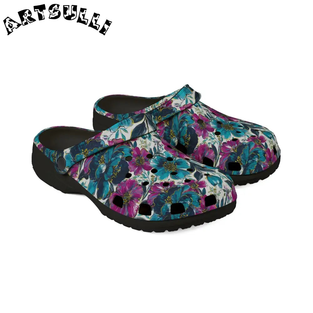Turquoise Magenta Floral Eva Foam Clogs, Artsulli - Art is Long, Life is Short, Shoes, , , , , , , 
