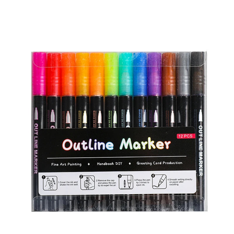 Double Line Outline Marker Pens Set Super Squiggles Highlighter Magic Glitter Drawing Pens for Creative Art Craft Supplies