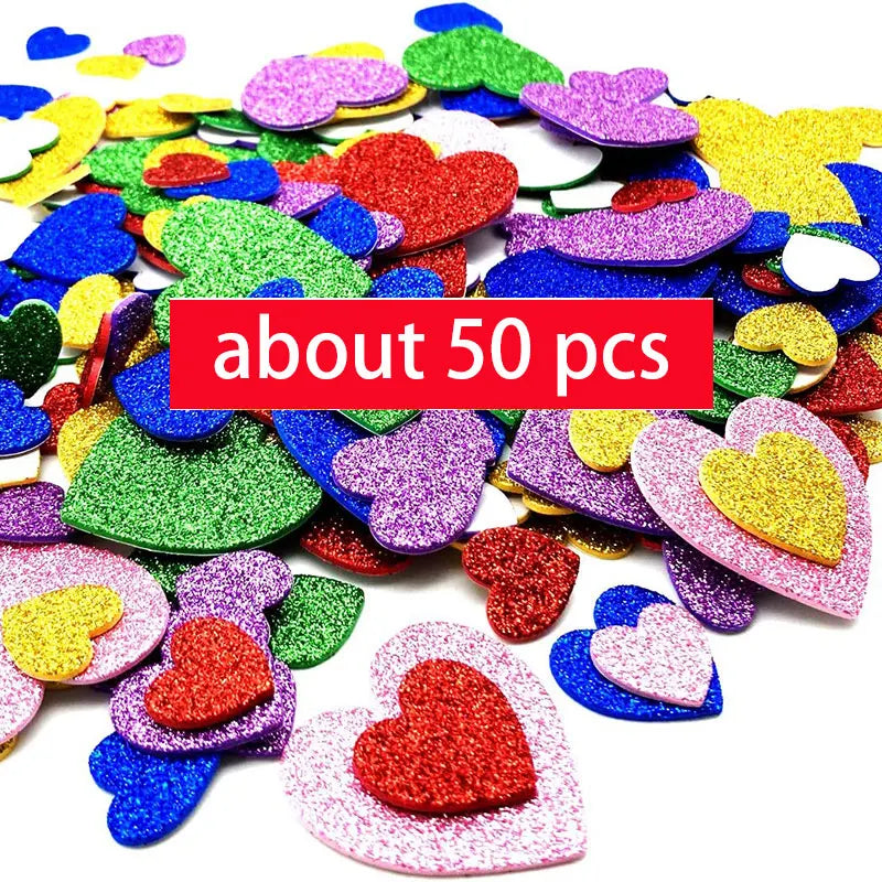 50-250pcs Colorful Glitter Foam Stickers Self Adhesive Stars Hearts Kid's Arts Craft Supplies Greeting Cards Home Decoration Toy