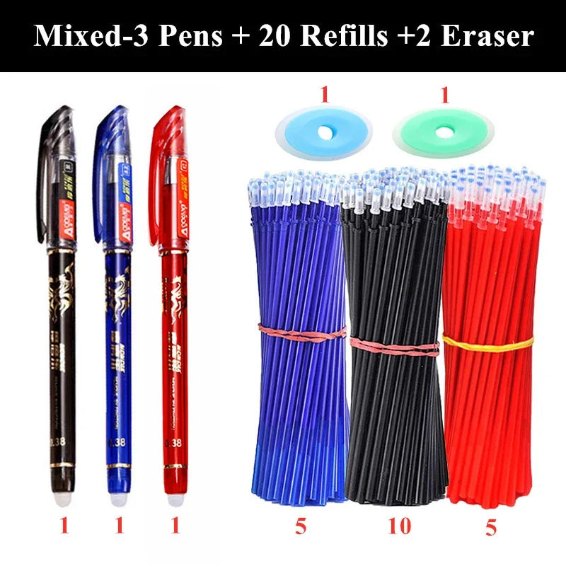 3 Erasable Gel Pens 20 Pen Refills 2 Eraser Reusable Writing Drawing Sketch Pens with Refill for Students Office School Supplies