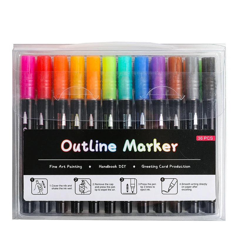 Double Line Outline Marker Pens Set Super Squiggles Highlighter Magic Glitter Drawing Pens for Creative Art Craft Supplies