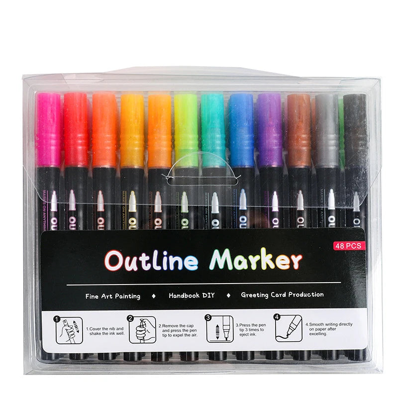 Double Line Outline Marker Pens Set Super Squiggles Highlighter Magic Glitter Drawing Pens for Creative Art Craft Supplies