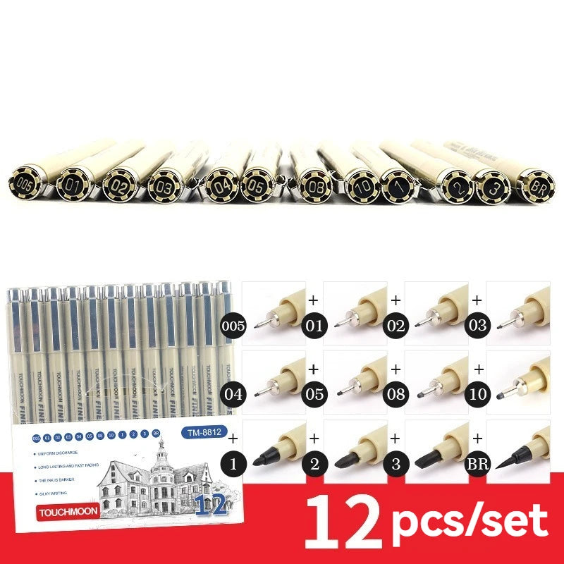 12 Tip Pigment Liner Micron Ink Marker Pen for Manga Draw Sketching Needle Pen Hook Line Pen Sketch Stationery Set Art Supplies