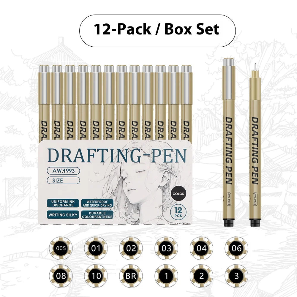 1/6/9/12 Pcs Manga Black Fineliner Marlers Various Pen Nibs For Sketch Architectural Drawing Comic Painting Art School Supplies