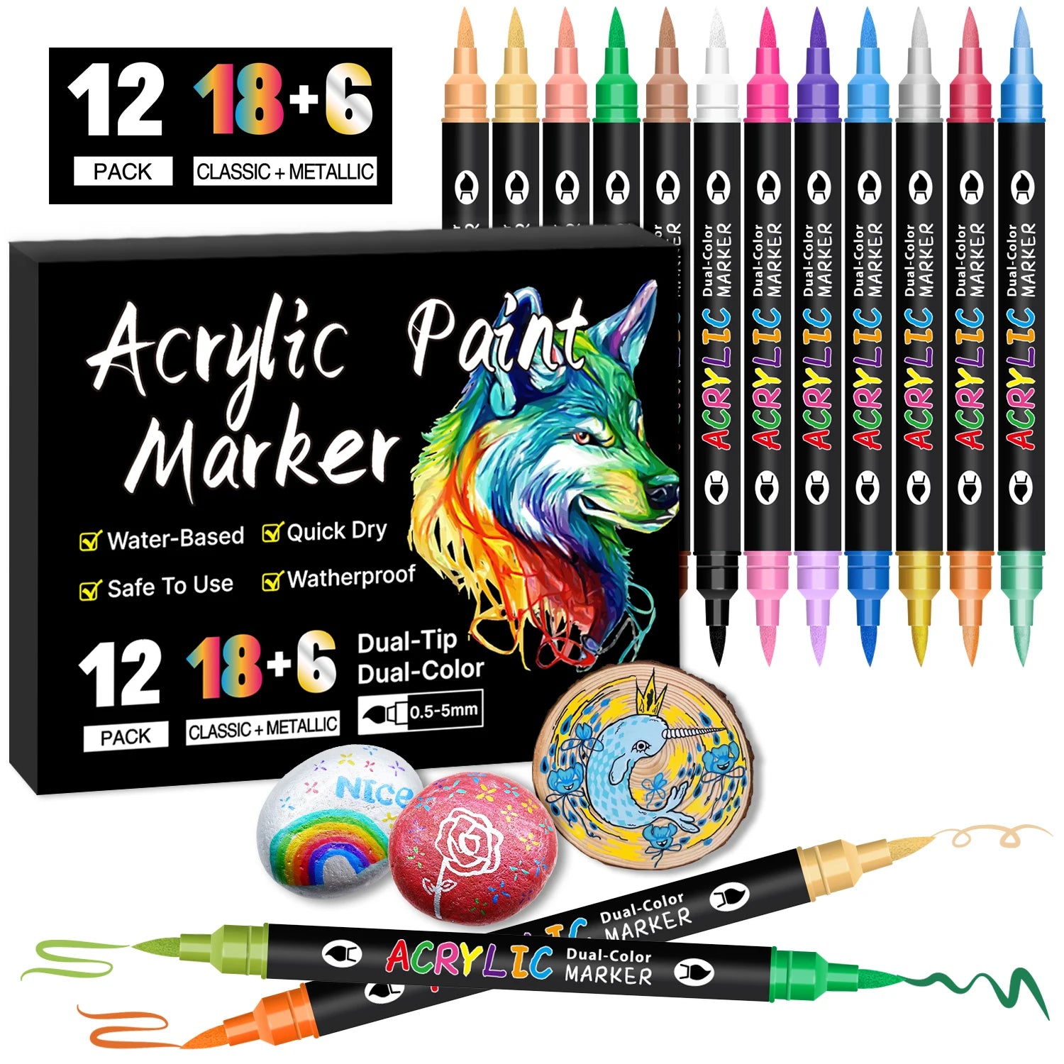 24/48/72 Colors Dual Tip Acrylic Paint Markers 12/24/36 Pack Art Markers Set Drawing Markers for DIY Crafts Making Art Supplies
