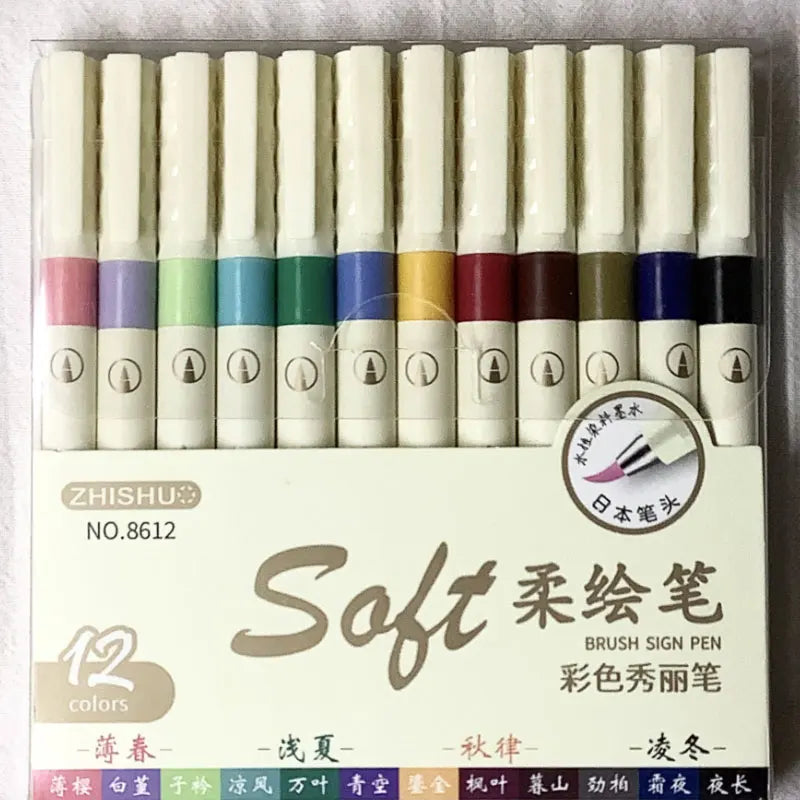 12/6 Color Vintage Watercolor Lettering Art Marker Drawing Pen Set Multicolor Soft Brush Tip Calligraphy Painting Art Supplies