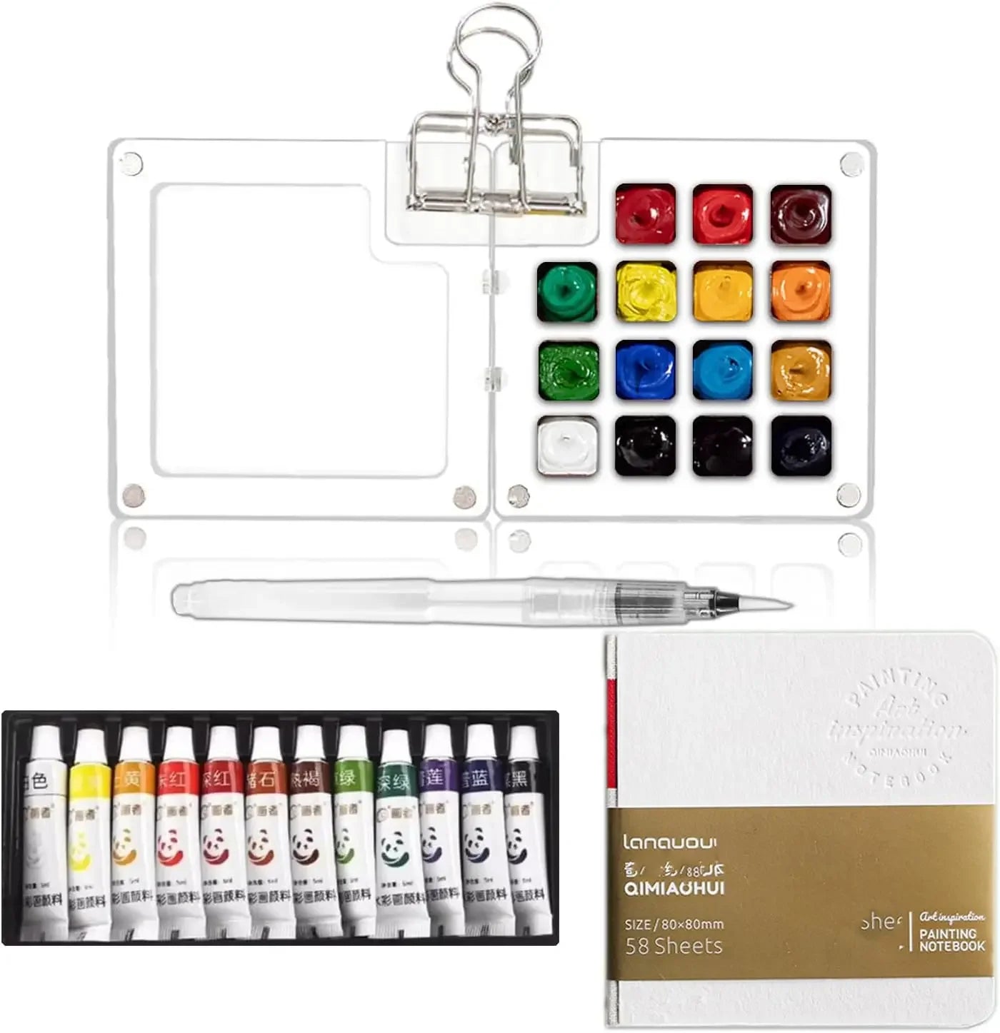 Portable Watercolor Set Travel Palette Sketchbook Brush Pens Binder Clips for Artists Students Painting Tools Drawing Supplies