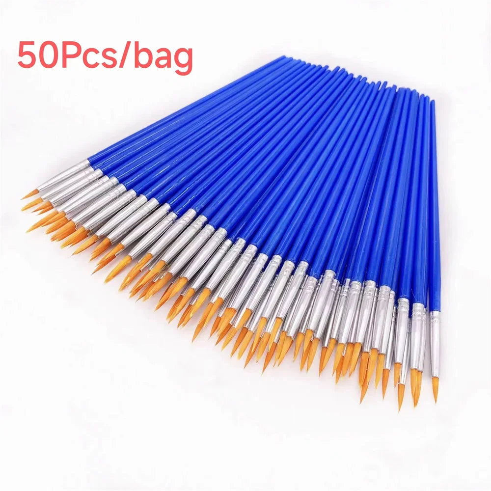 50PCs Painting Brushes Set Art School Students Supplies Round Flat Hair Nylon Hair Paint Brush Pen for Oil Acrylic Watercolor
