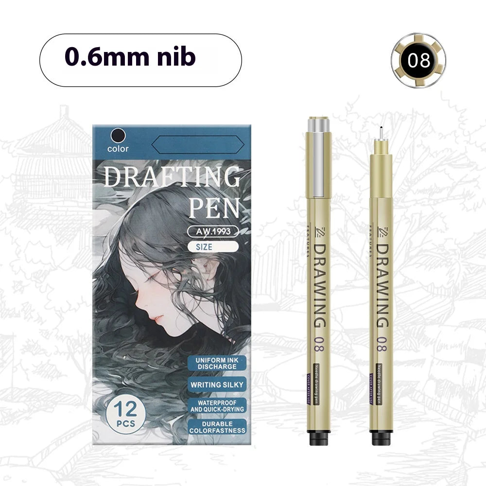 1/6/9/12 Pcs Manga Black Fineliner Marlers Various Pen Nibs For Sketch Architectural Drawing Comic Painting Art School Supplies