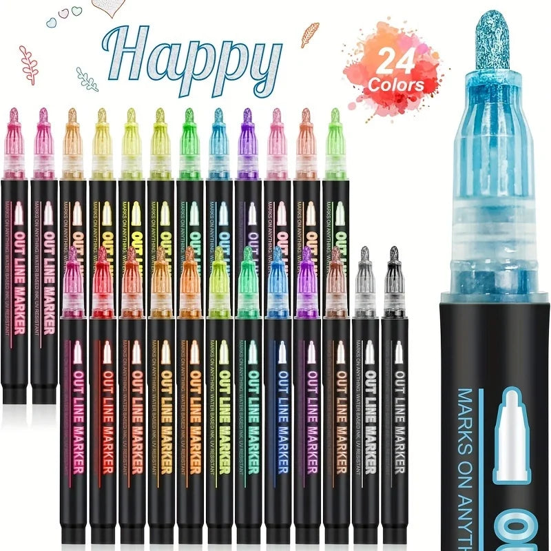 8-48Colors Metallic Color Outline Marker Pen Kawaii DIY Hand Account Graffiti Outline PenOffice Culture and Educational Supplies