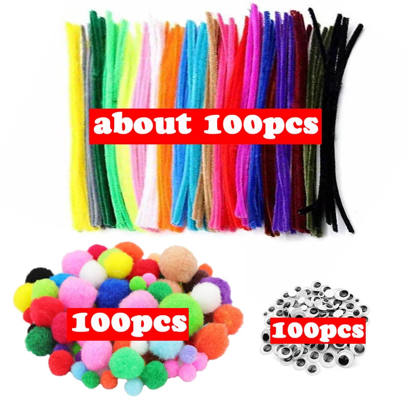 1000pcs Kids Crafts Art Supplies Kit Pipe Cleaners Pompoms Foam Stickers Feather Felt Cloth Button DIY Creative Craft Toy Gifts