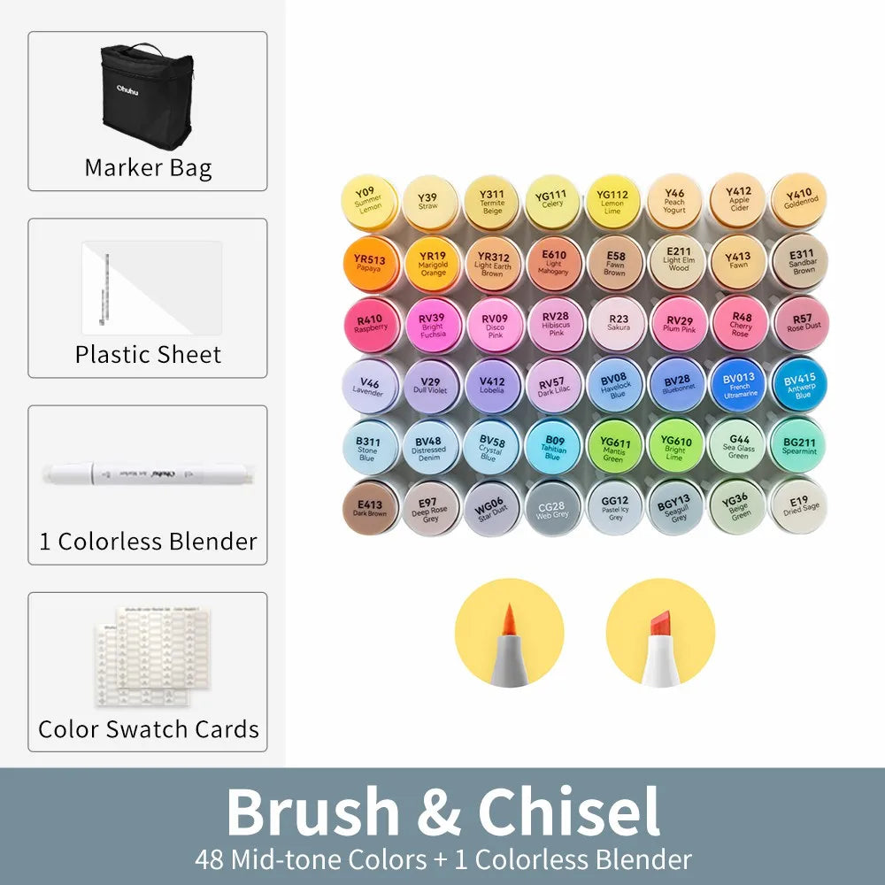 Ohuhu Honolulu 48 Mid-tone Colors Marker Pen Set Alcohol Art Markers Refillable Dual Tips Sketching Drawing School Art Supplies