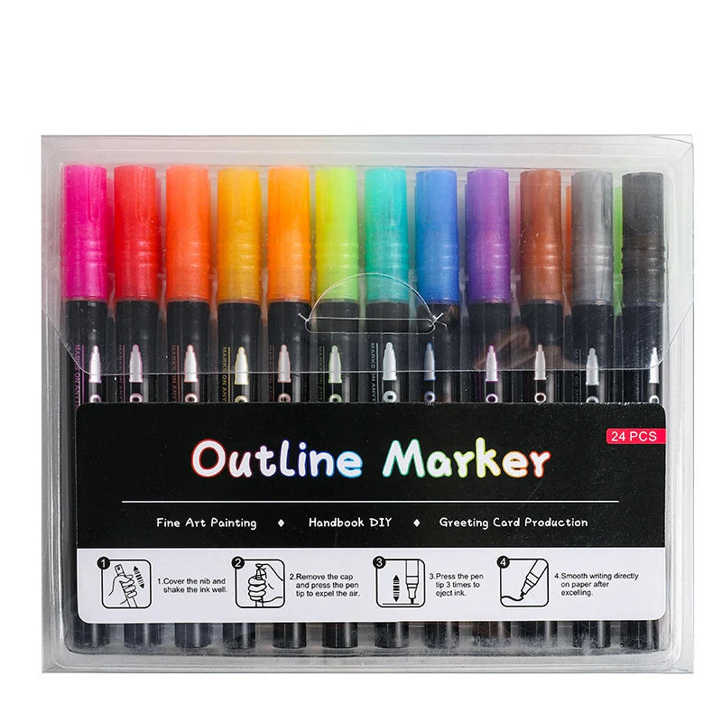 Double Line Outline Marker Pens Set Super Squiggles Highlighter Magic Glitter Drawing Pens for Creative Art Craft Supplies