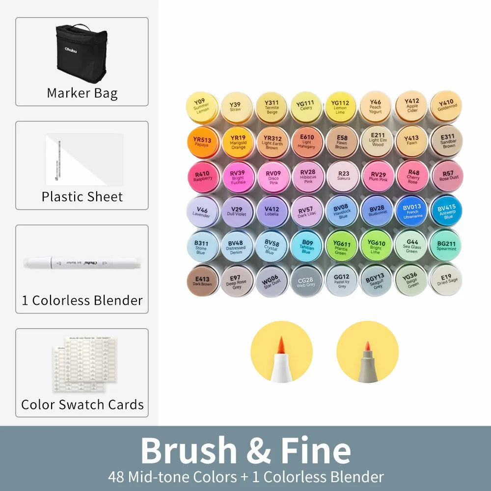 Ohuhu Honolulu 48 Mid-tone Colors Marker Pen Set Alcohol Art Markers Refillable Dual Tips Sketching Drawing School Art Supplies