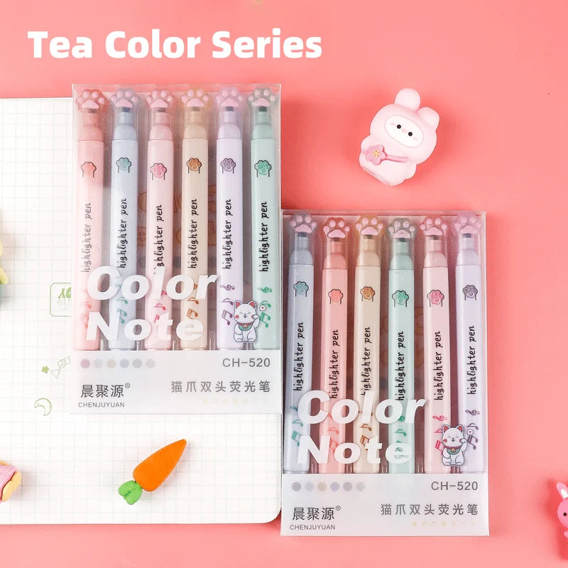 6 pcs/pack Kawaii Cat Claw Pastel Color Highlighters Drawing Art Markers Fluorescent Pen Gift Stationery Cute School Supplies
