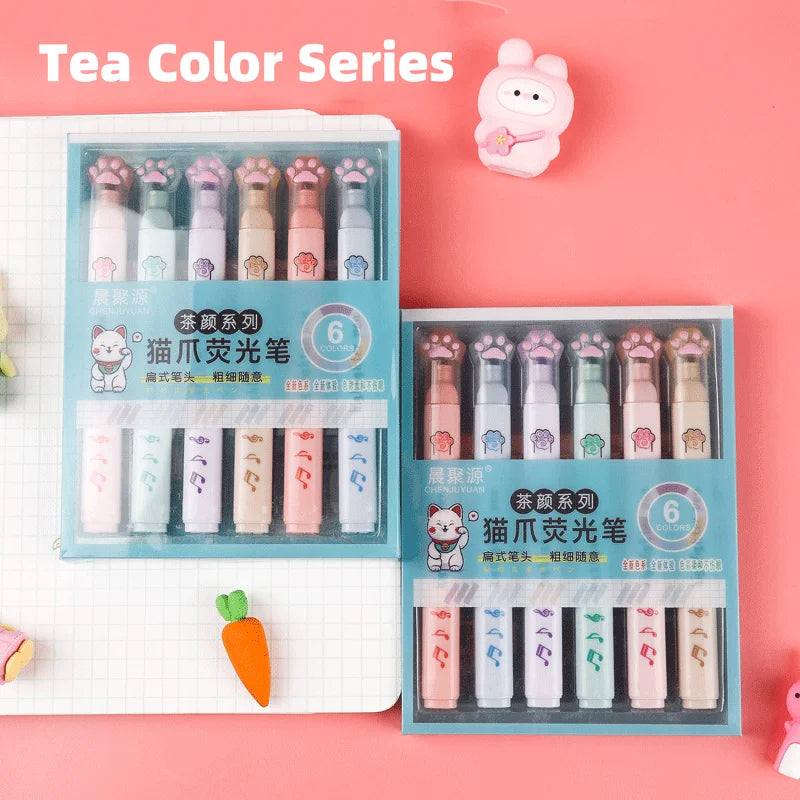 6 pcs/pack Kawaii Cat Claw Pastel Color Highlighters Drawing Art Markers Fluorescent Pen Gift Stationery Cute School Supplies