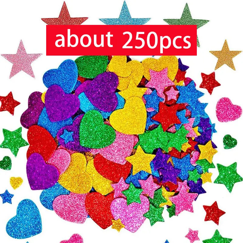 50-250pcs Colorful Glitter Foam Stickers Self Adhesive Stars Hearts Kid's Arts Craft Supplies Greeting Cards Home Decoration Toy