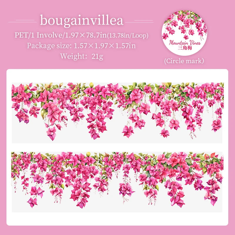 50mm*2m/Roll Plant Floral PET Tape Handbook Aesthetic Decorative Stickers Album Journals Scrapbooking Supplies Art Masking Tapes