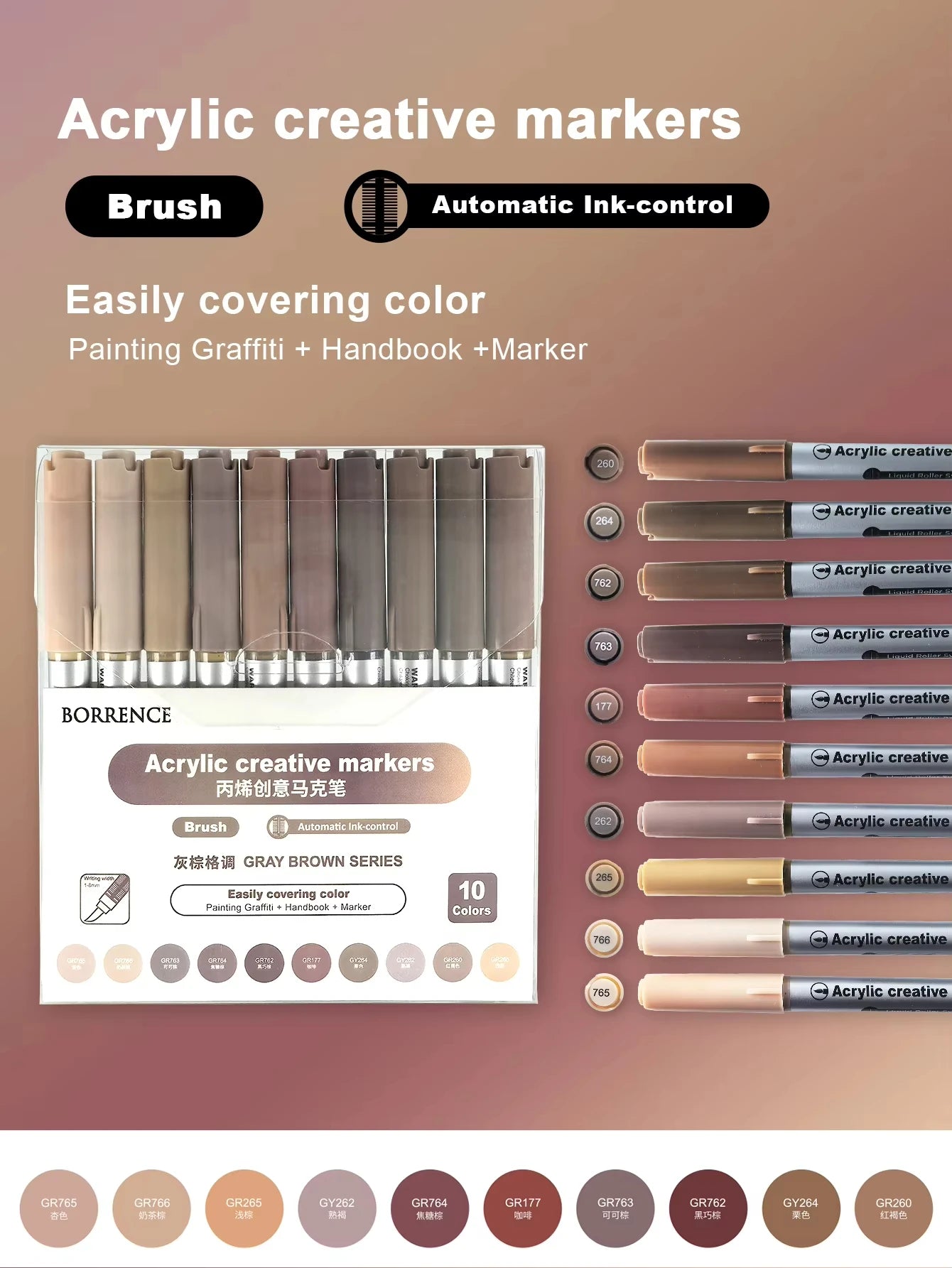 10Colors/box Acrylic Brush Markers Set Can Be Stacking Color Automatic Ink Control System Art Markers Set for DIY & Art Supplies