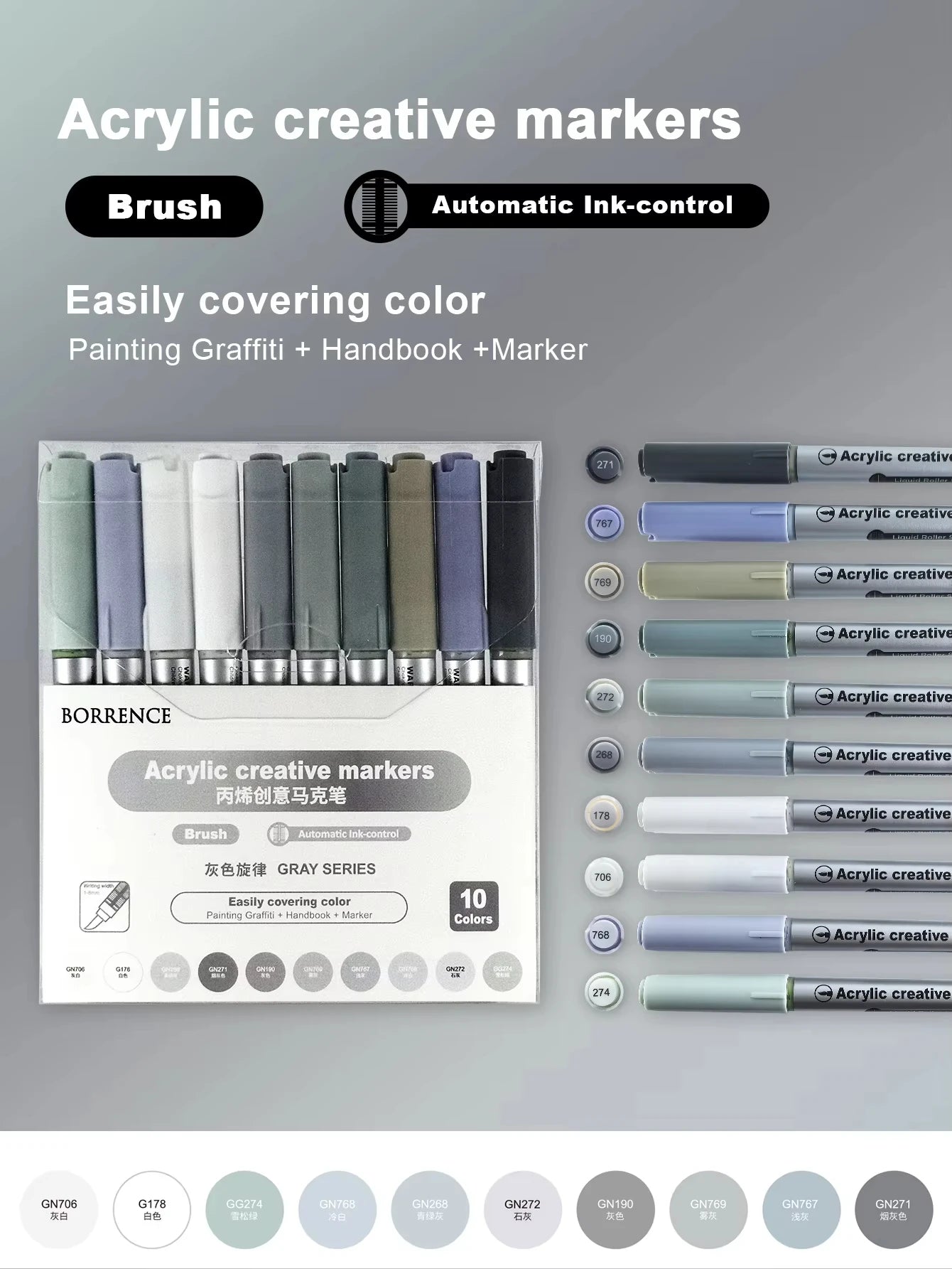10Colors/box Acrylic Brush Markers Set Can Be Stacking Color Automatic Ink Control System Art Markers Set for DIY & Art Supplies