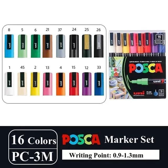 16pcs Japan UNI POSCA Markers Set Acrylic Graffiti Drawing Permanent Waterproof Children's Drawing PC-3M/1M/5M Art Supplies