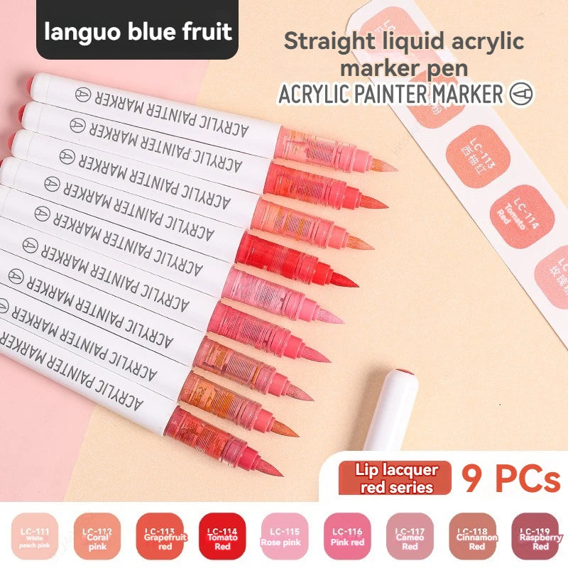 9Colors Straight Liquid Brush Acrylic Paint Pens Set Markers for Rock Painting Wood Canvas Stone DIY Crafts Making Art Supplies