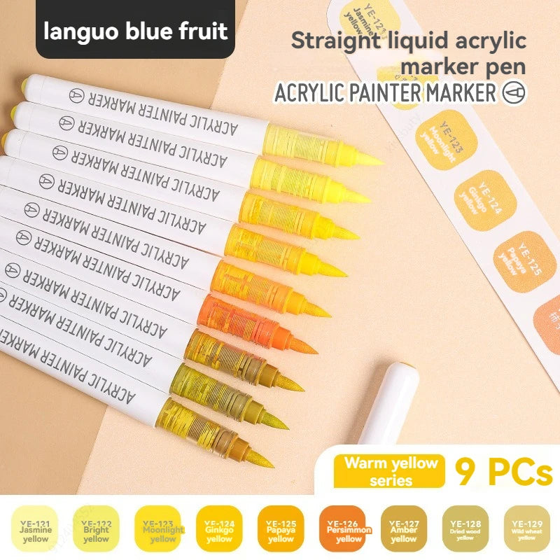 9Colors Straight Liquid Brush Acrylic Paint Pens Set Markers for Rock Painting Wood Canvas Stone DIY Crafts Making Art Supplies